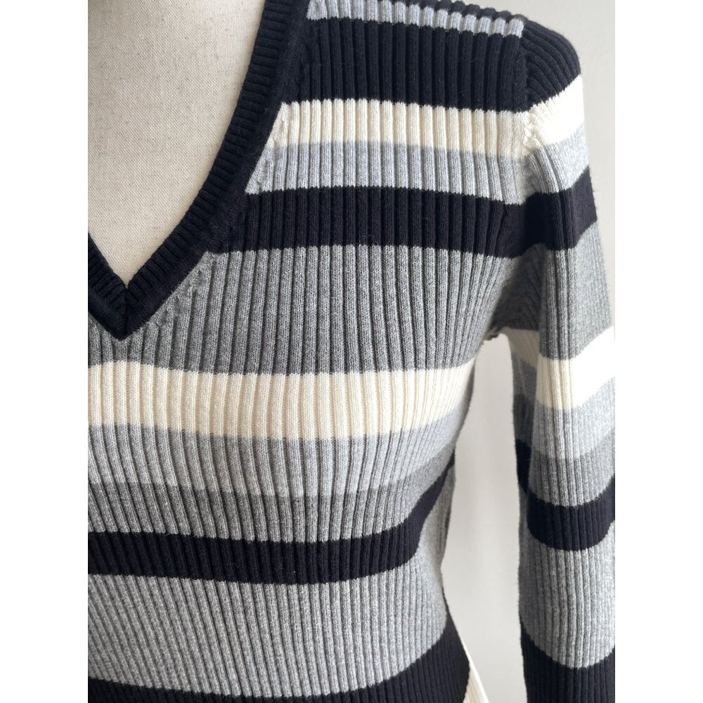 St Johns Bag V-Neck Sweater Womens L Black/Gray Stripe Fitted Long Sleeve 90s - Picture 3 of 6